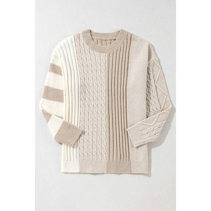 Khaki Cable Knit Colorblock Crew Neck Drop Shoulder Sweater