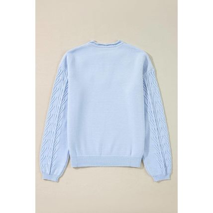 Beau Blue Flower Detail Knitted Notched Neck Sweater