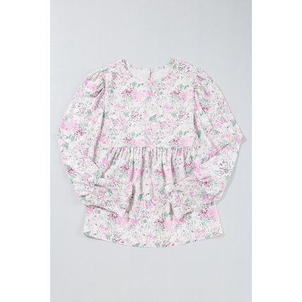 Pink Floral Print Shirred Balloon Sleeve Keyhole Back Babydoll Blouse