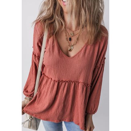 Mineral Red Solid Color Textured Frilled Trim V Neck Puff Sleeve Blouse