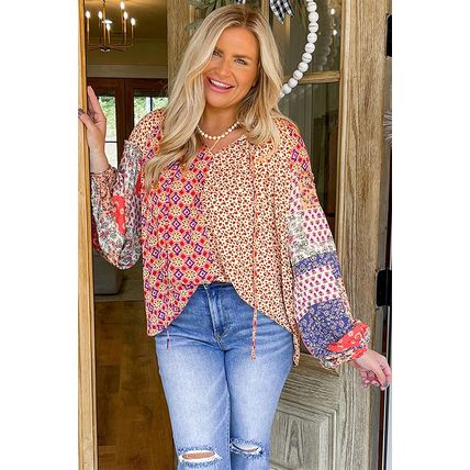 Orange Floral Geometric Patchwork Lace-up Crewneck Plus Size Blouse