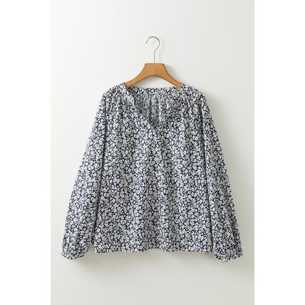Blue Floral Print Notched V Neck Puff Sleeve Blouse