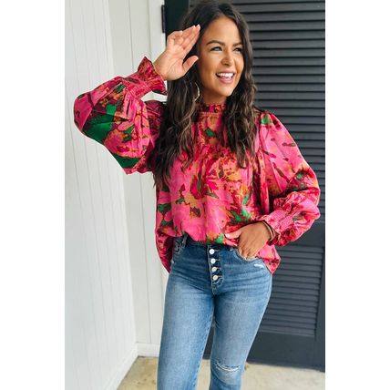 Rose Abstract Print Frilly Neckline Puff Sleeve Blouse