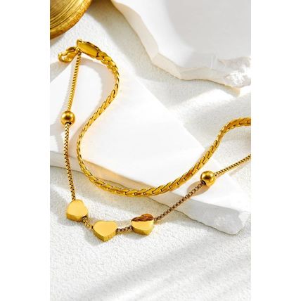 Gold Triple Heart Double Layer Adjustable Chain Bracelet