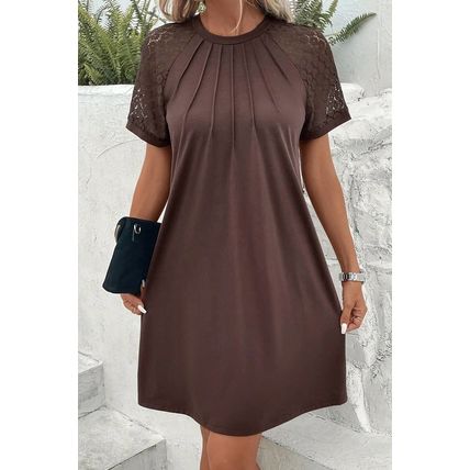 Dark Brown Contrast Lace Raglan Sleeve Pleated Detail Shift Dress