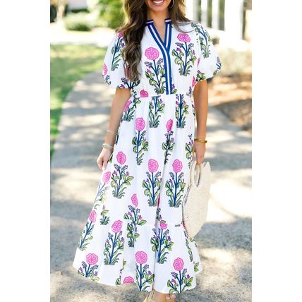 White Floral Puff Short Sleeve V Neck High Waist Maxi Dress