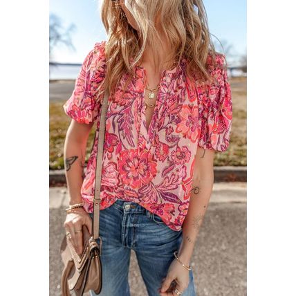 Red Floral Print Ruffled Puff Short Sleeve Blouse