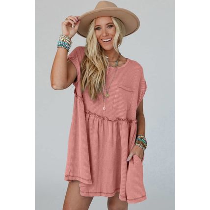 Dusty Pink Corded Knit Textured Patched Pocket Frilled Swing Mini Dress with Poc