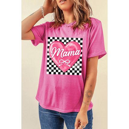 Sachet Pink Checkered Heart Pattern mama Bow Graphic Tee