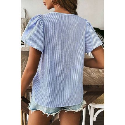 Sky Blue Stripe Textured Ruffle Short Sleeve Boho Detail Square Neck Blouse