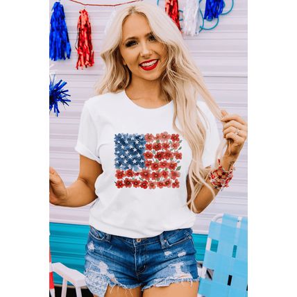 White Star Floral American Flag Printed T Shirt