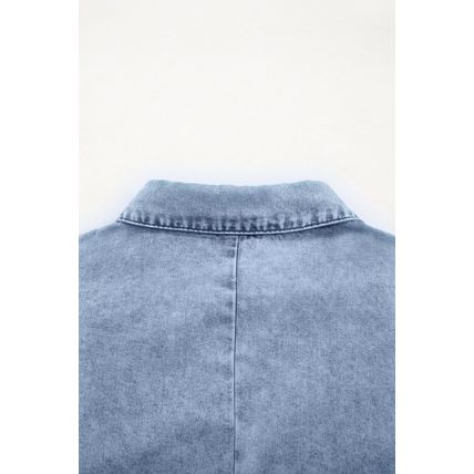 Beau Blue Double Ruffled Sleeves Buttoned A-line Collared Mini Denim Dress