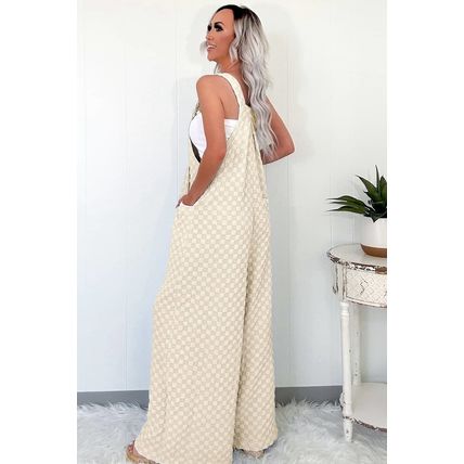 Beige Checkered Pocketed High Waist Wide Leg Overall