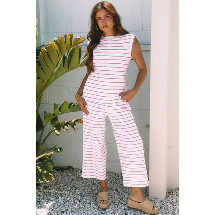 Rose Stripe Casual Wide Leg 2pcs Pants Set