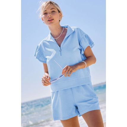 Beau Blue Ribbed Texture Half Zip Ruffled Short Sleeve Top and Shorts Set
