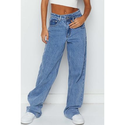 Blue Mid Rise Asymmetrical Waist Wide Leg Jeans