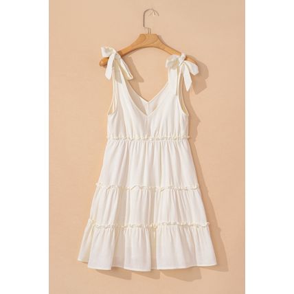 Oatmeal Solid Color Tied Straps Ruffle Tiered Mini Dress