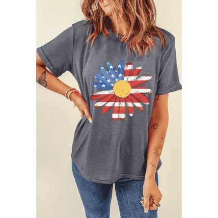 Gray Flag Pattern Sunflower Graphic Crew Neck Tee