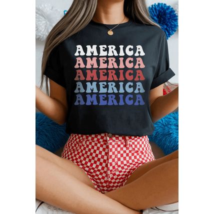 Black Colorful AMERICA Print Crewneck Patriotic T Shirt