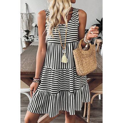 Black Stripe U Neck Sleeveless Loose Fit Mini Dress