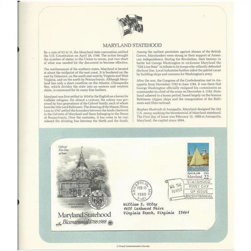 MARYLAND STATEHOOD ' OFFICIAL FIRST DAY of ISSUE ' ( 1988 )