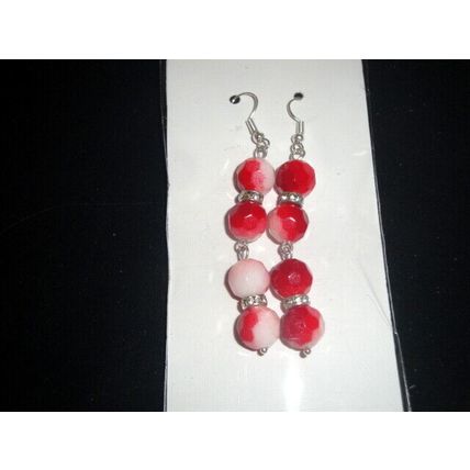 Four faceted round red & white with clear rhinestone glass earrings