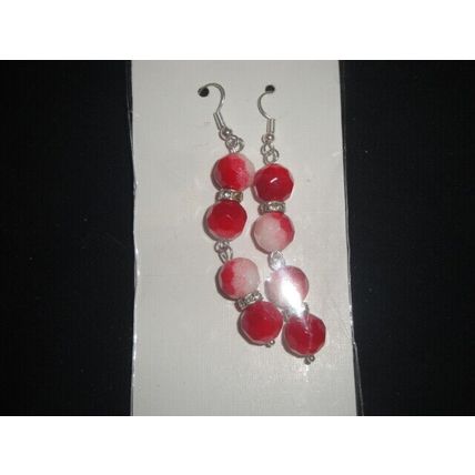 Four faceted round red & white with clear rhinestone glass earrings