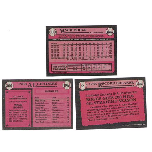 Three 1989 Topps Wade Boggs baseball cards - #2, #399, #600- NM- Red Sox