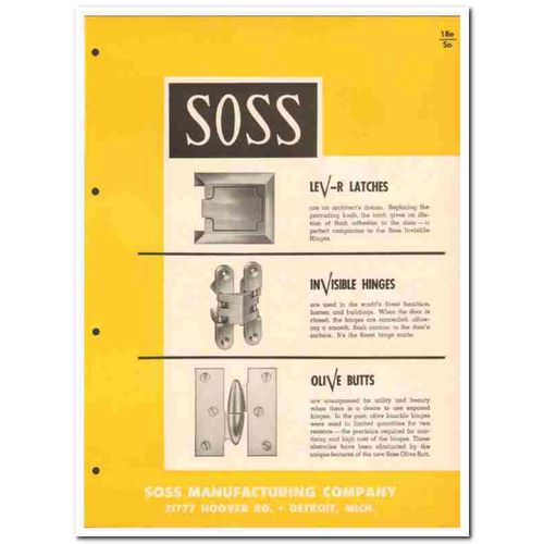 SOSS MFG COMPANY 1958 Latches Hinges Butts door hinge vintage catalog