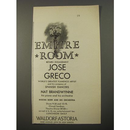 1954 Waldorf Astoria Hotel Ad - Empire Room Return engagment Jose Greco