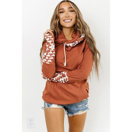 Brown Aztec Print Patchwork Thumb Hole Hoodie