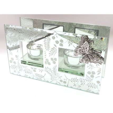Glitter Leaves Double Tea Light/Votive Holder with Butterfly Detail Glass Gift