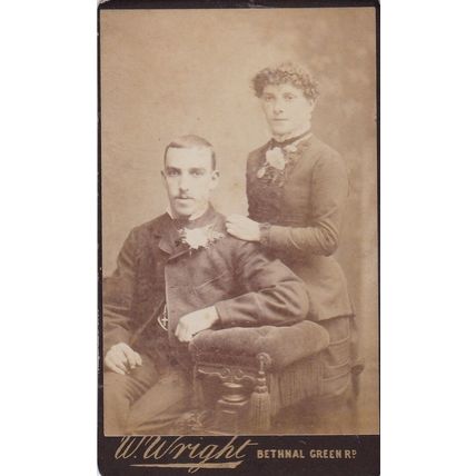 VICT. CDV PHOTO -COUPLE WEARING BUTTON HOLE FLOWERS BY W. WRIGHT, BETHNAL GREEN