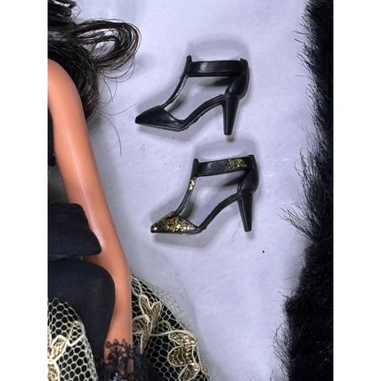Black Gold Dress Black Hair Barbie Doll glitter Shoes Scarf Wrap Shawl