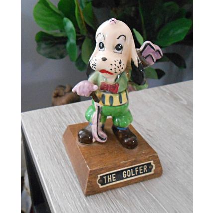 Ceramic Dog Golfer Wood Base Dog Figurine RARE -Santa Claus California Souvenir