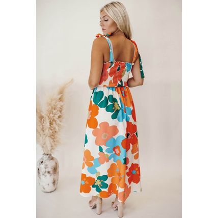 Orange Floral Self Tied Straps Smocked Bust Maxi Dress