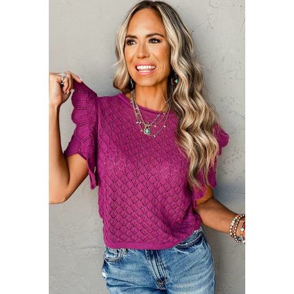 Violet Ruffled Short Sleeve Textured Knit Sweater