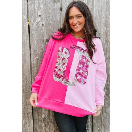 Pink Color Block Sequined Cowgirl Boots Graphic Sweatshirt