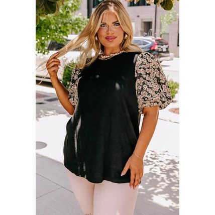 Black Daisy Printed Short Bubble Sleeve Plus Size Tunic Top