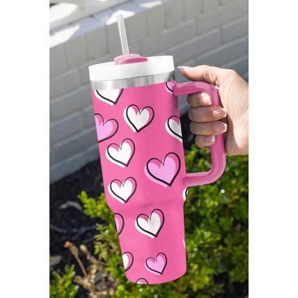 Rose Red Valentines Heart Printed Thermos Cup with Handle