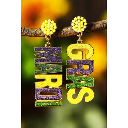 Yellow MARDI GRAS Shiny Letter Pendant Earrings