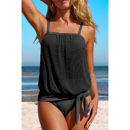 Black Striped Mesh Knotted Hem Tankini Swimsuit
