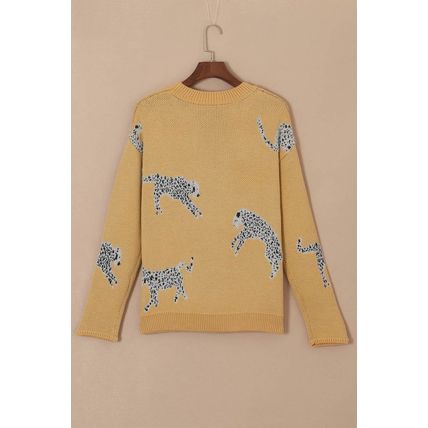 Camel Fuzzy Cheetah Accent Round Neck Sweater
