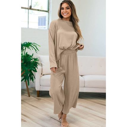 Smoke Gray Loose Textured Pullover and Pants Outfit
