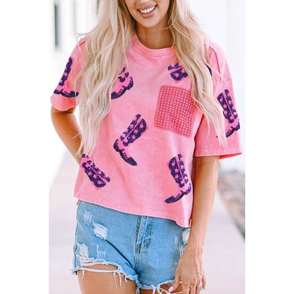 Pink Western Boots Sequin Patchwork Crew Neck T Shirt