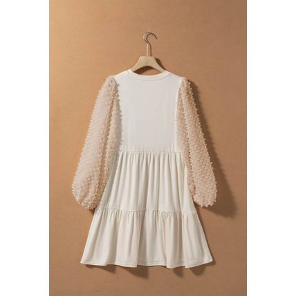 Beige Embellished Puff Sleeve Tiered A-line Dress