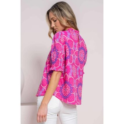 Rose Floral Print Frilled Neck Smocked Puff Sleeve Blouse