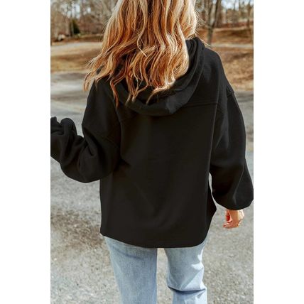 Black Sequined Rugby Football Pattern Pocketed Zipper Hooded Jacket