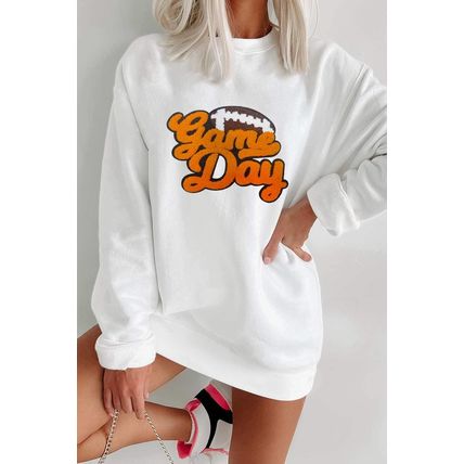 White Chenille Game Day Rugby Football Pattern Pullover Sweatshirt