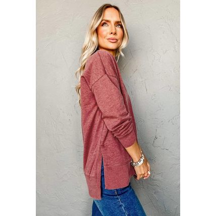 Racing Red Side Slits V Neck Loose Fit Tunic Top
